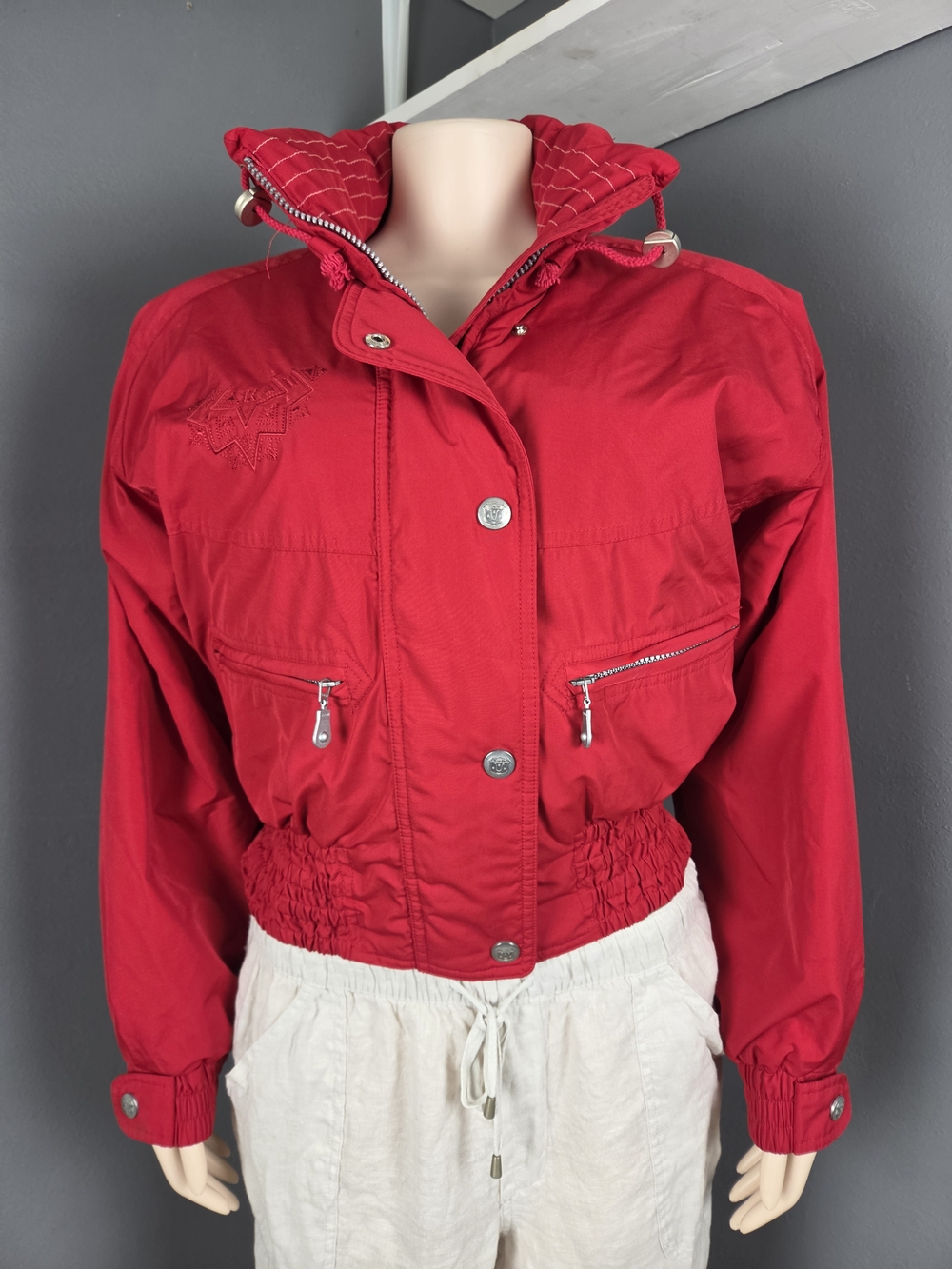 Women's Red Hooded Bomber Jacket with Cinched Waist